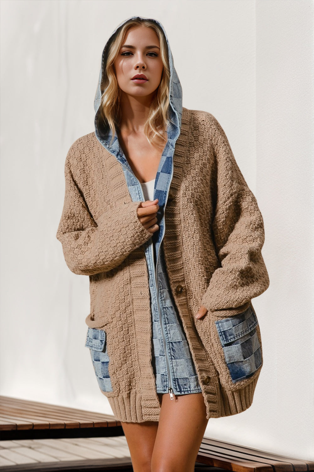 Double Take Full Size Hooded Denim Spliced Sweater Cardigan 
