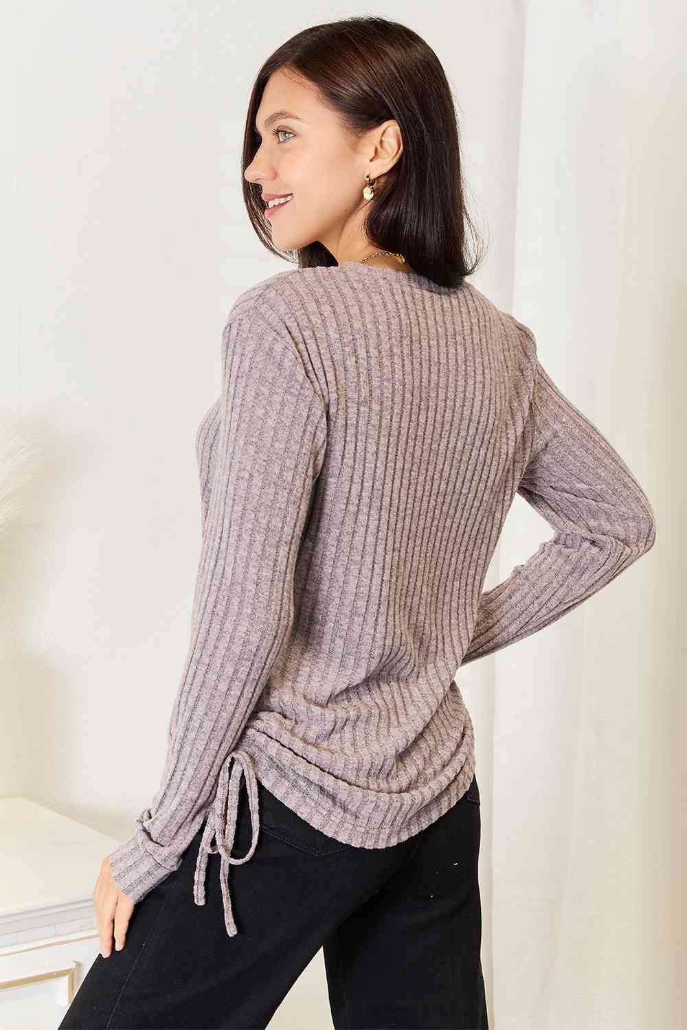 Double Take Drawstring Ribbed Long Sleeve T-Shirt 