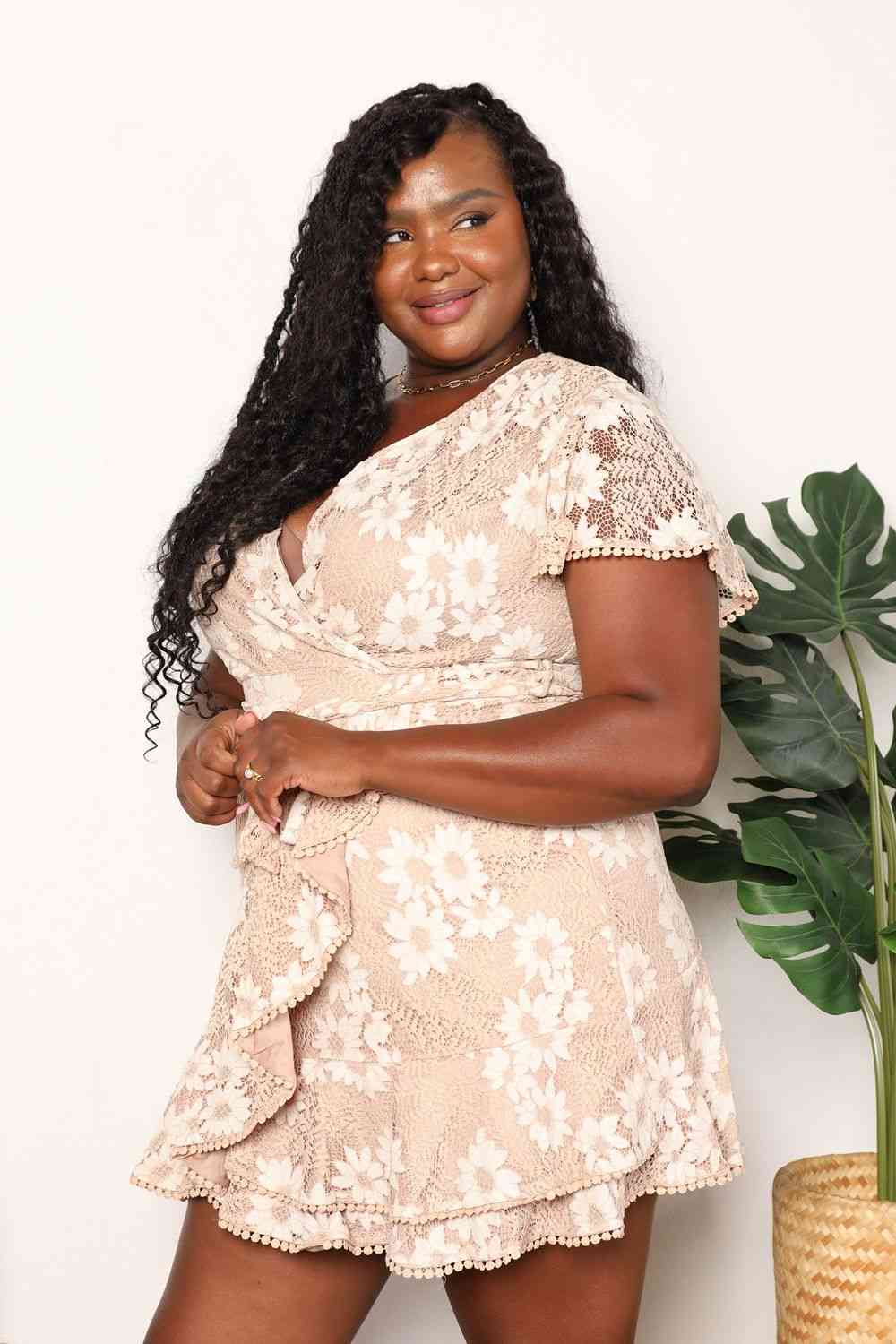 Double Take Floral Lace Pompom Detail Tie-Waist Flutter Sleeve Dress 