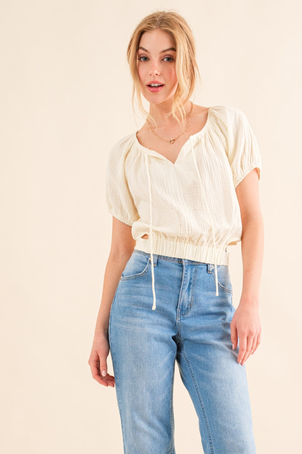 And The Why Back Waist Tie Cropped Blouse 