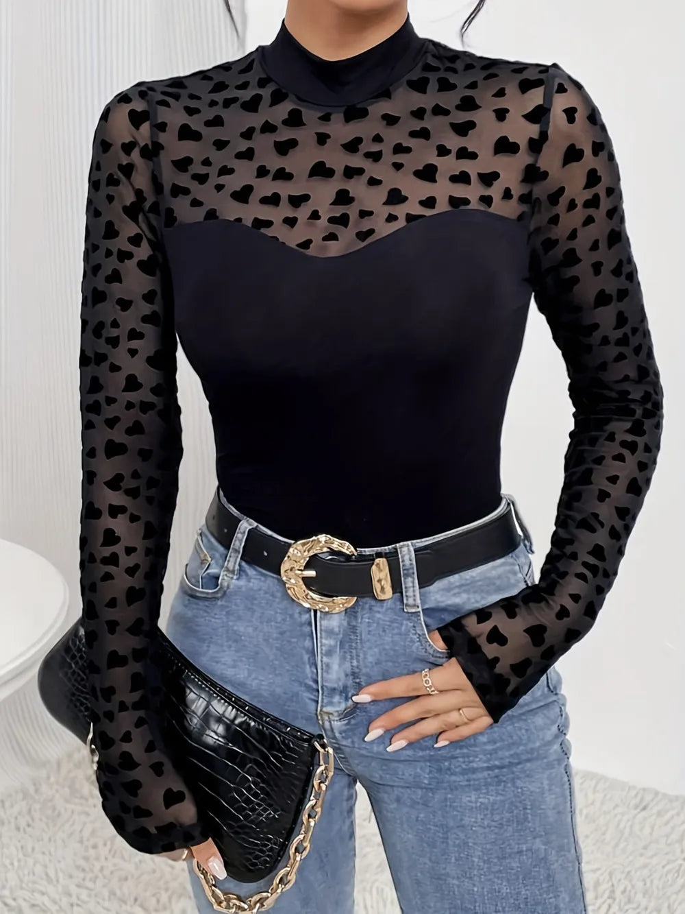 Heart Mock Neck Long Sleeve T-Shirt 