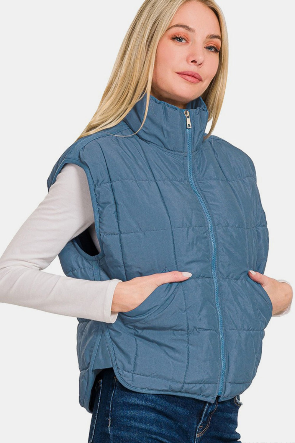 Zenana Zip Up Cropped Puffer Vest with Pockets 