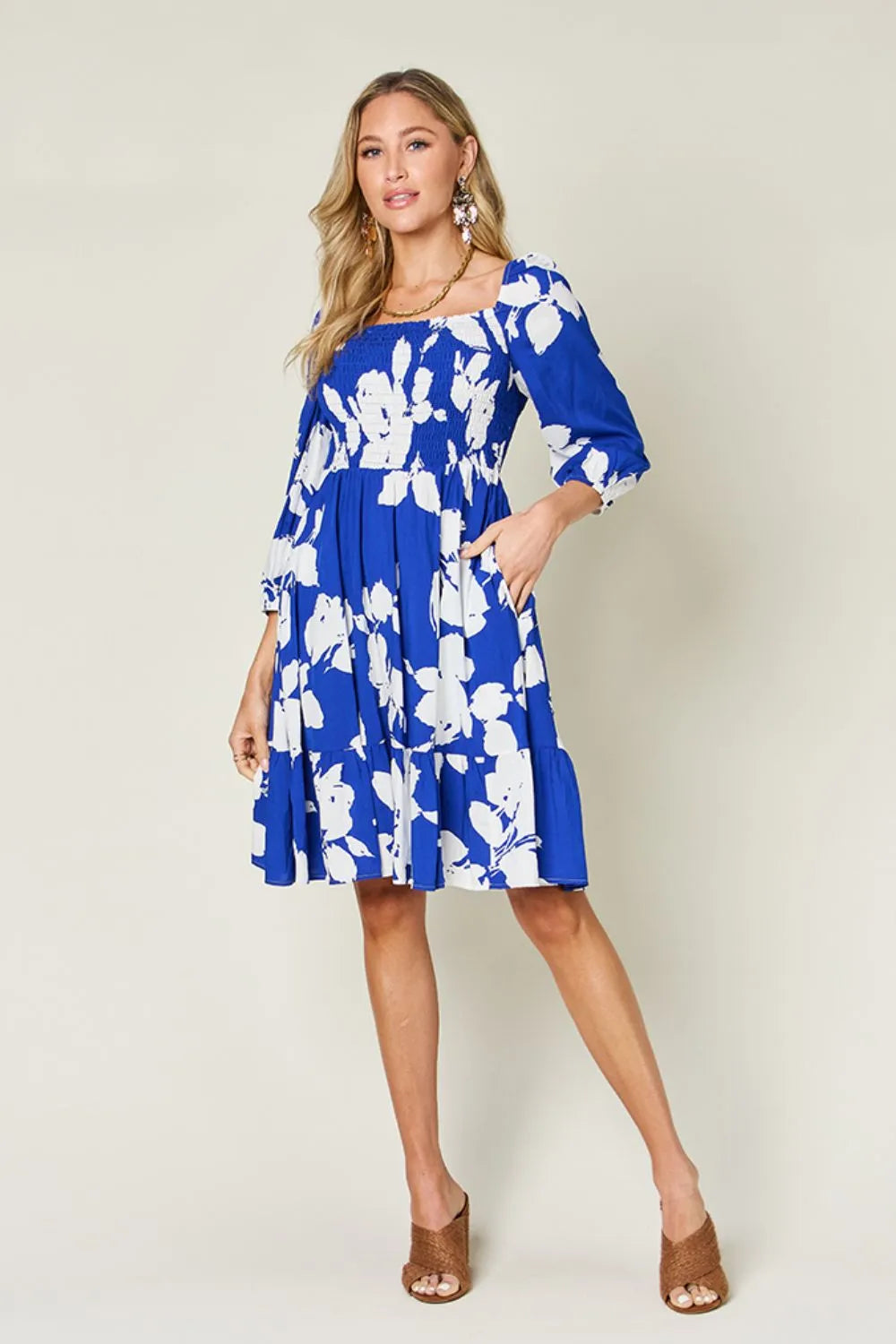 Double Take Full Size Floral Ruffle Hem Smocked Dress with Pockets 