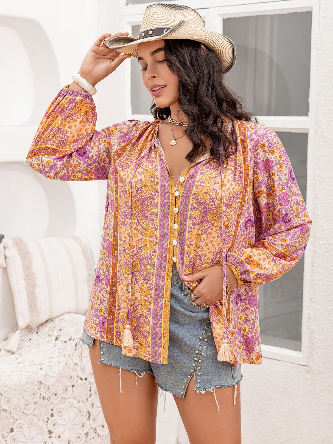 Plus Size Tie Neck Tassel Printed Blouse 