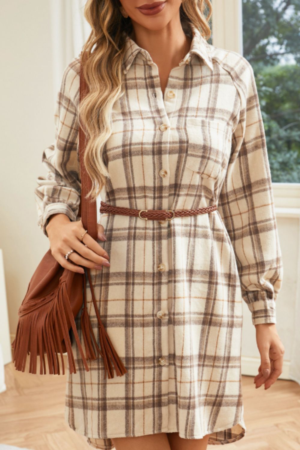 Plaid Collared Neck Long Sleeve Mini Shirt Dress 