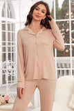 Button Up Long Sleeve Top and Pants Lounge Set Lingerie & Nightwear