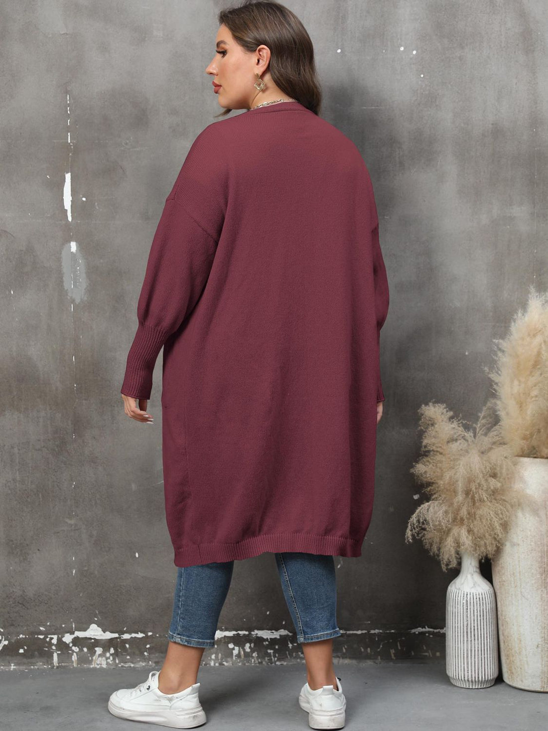 Plus Size Long Sleeve Pocketed Cardigan 
