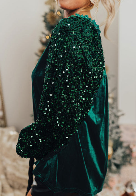 Sequin Notched Long Sleeve Blouse 