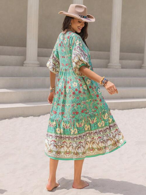 Ruched Printed Puff Sleeve Midi Dress Dresses