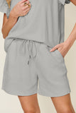 Double Take Full Size Texture Flounce Sleeve Top and Drawstring Shorts Set 