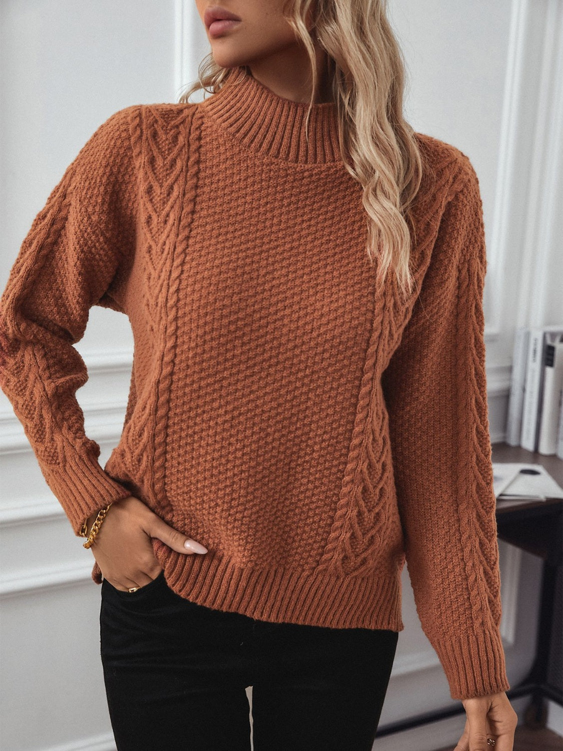 Cable-Knit Mock Neck Long Sleeve Sweater 