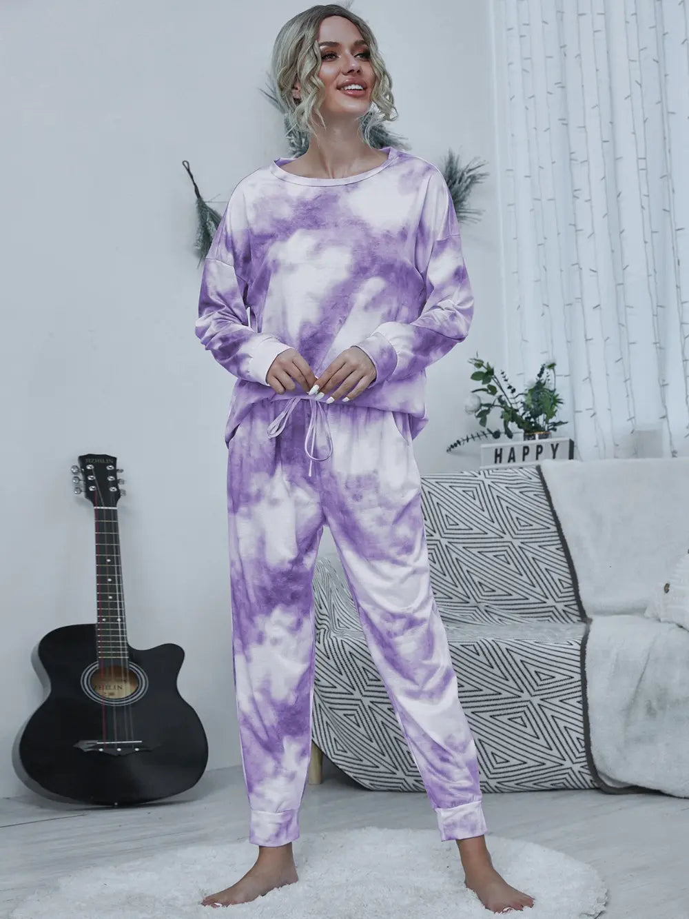 Shiny Tie-dye Round Neck Top and Drawstring Pants Lounge Set Lingerie & Nightwear