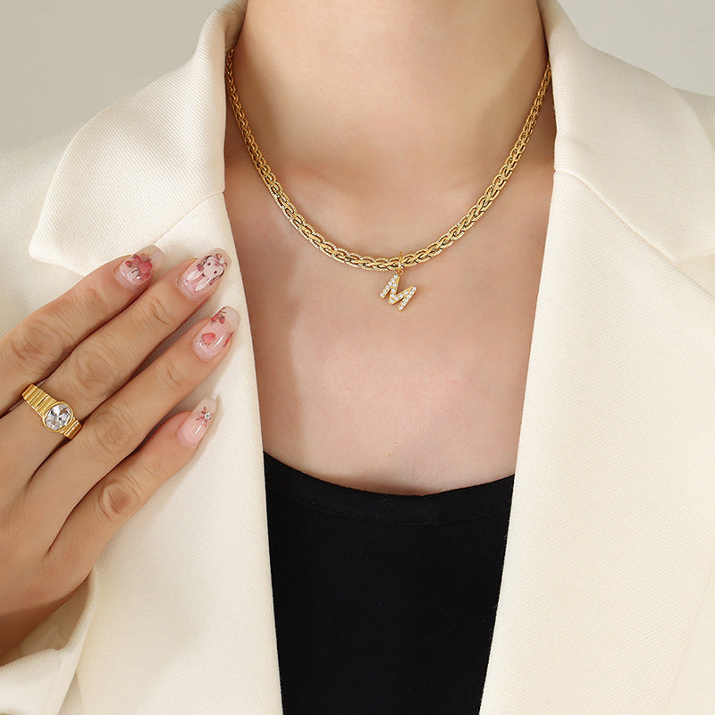 Brass Inlaid Zircon Letter Pendant Necklace 
