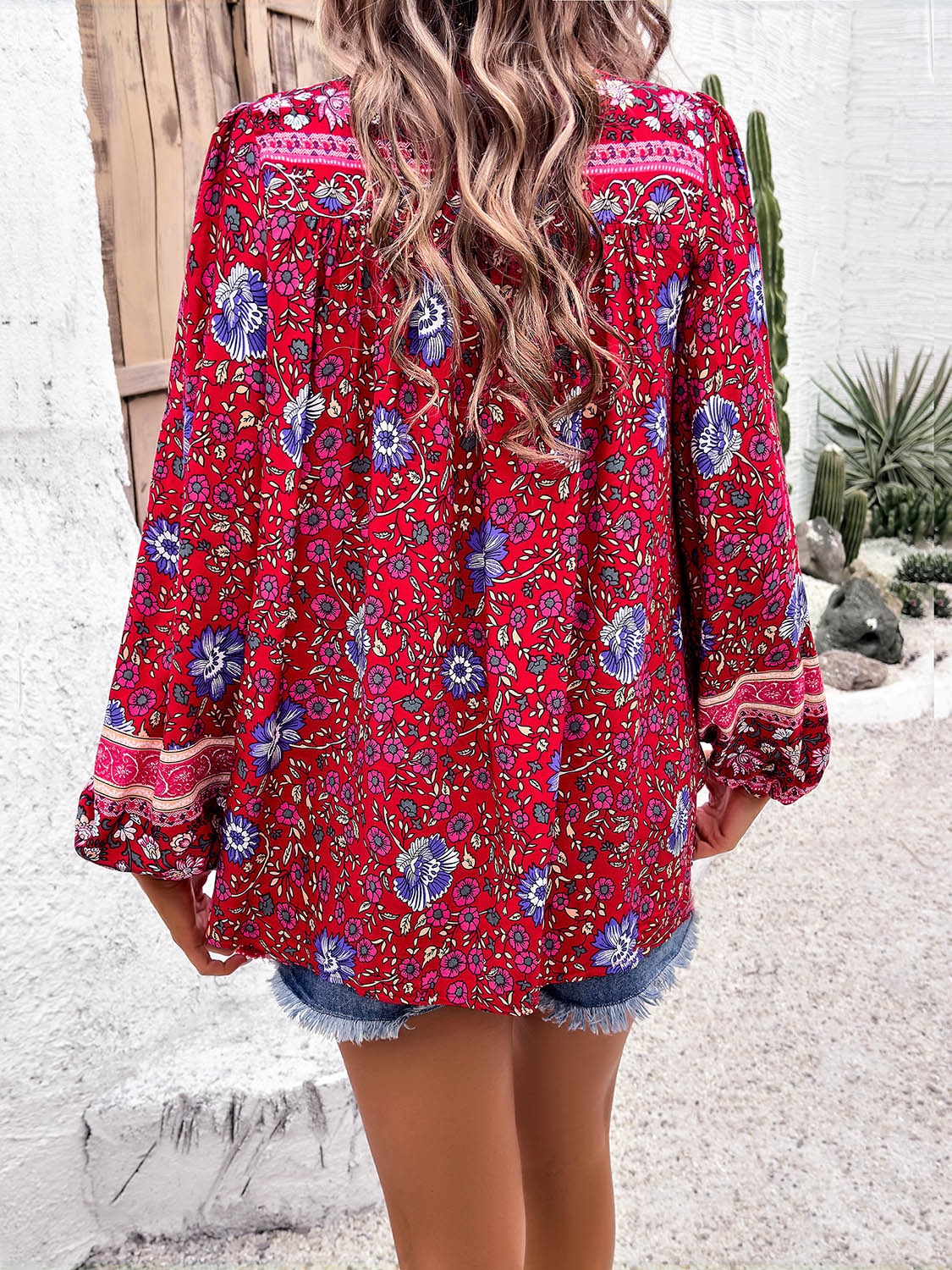 Devine Printed Tie Neck Long Sleeve Blouse 