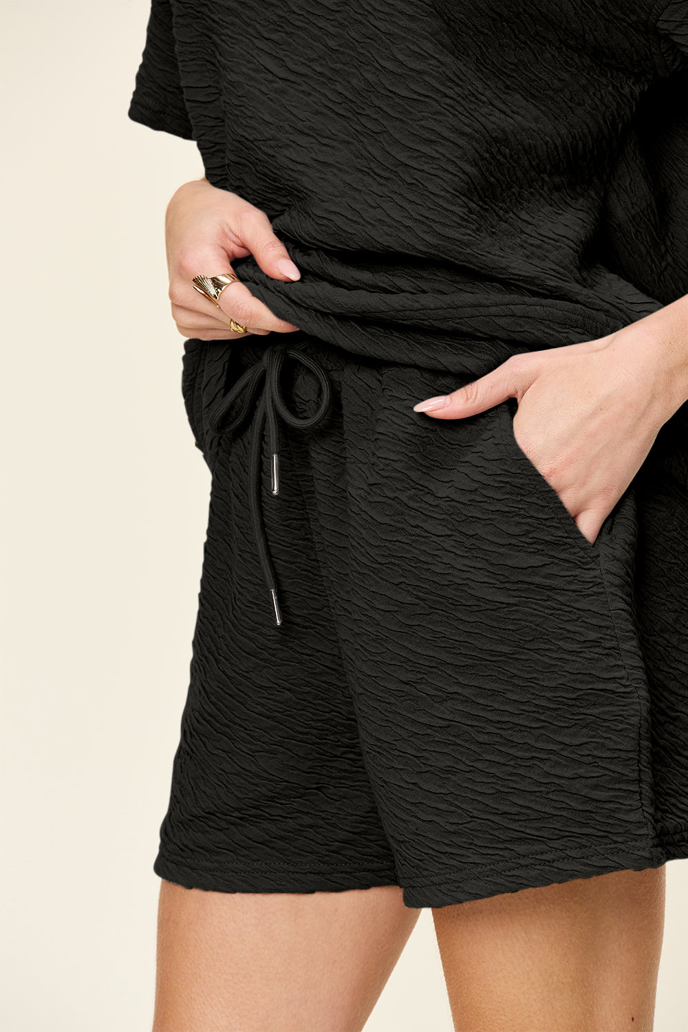 Double Take Full Size Texture Short Sleeve T-Shirt and Drawstring Shorts Set 