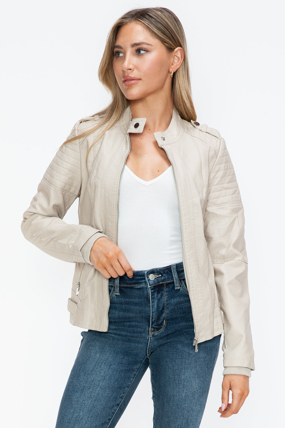 Snobbish PU Leather Biker Jacket with Side Zip Pockets 