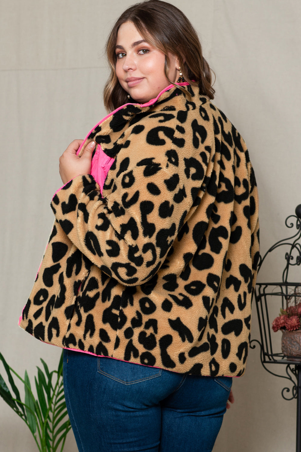 Plus Size Leopard Zip Up Jacket with Pockets 