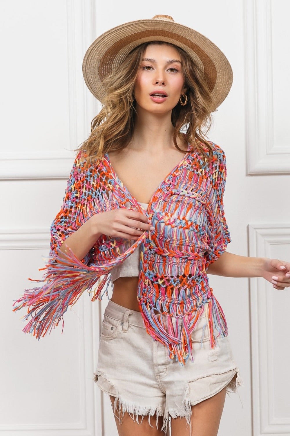 BiBi Open Front Fringed Crop Knit Cardigan 