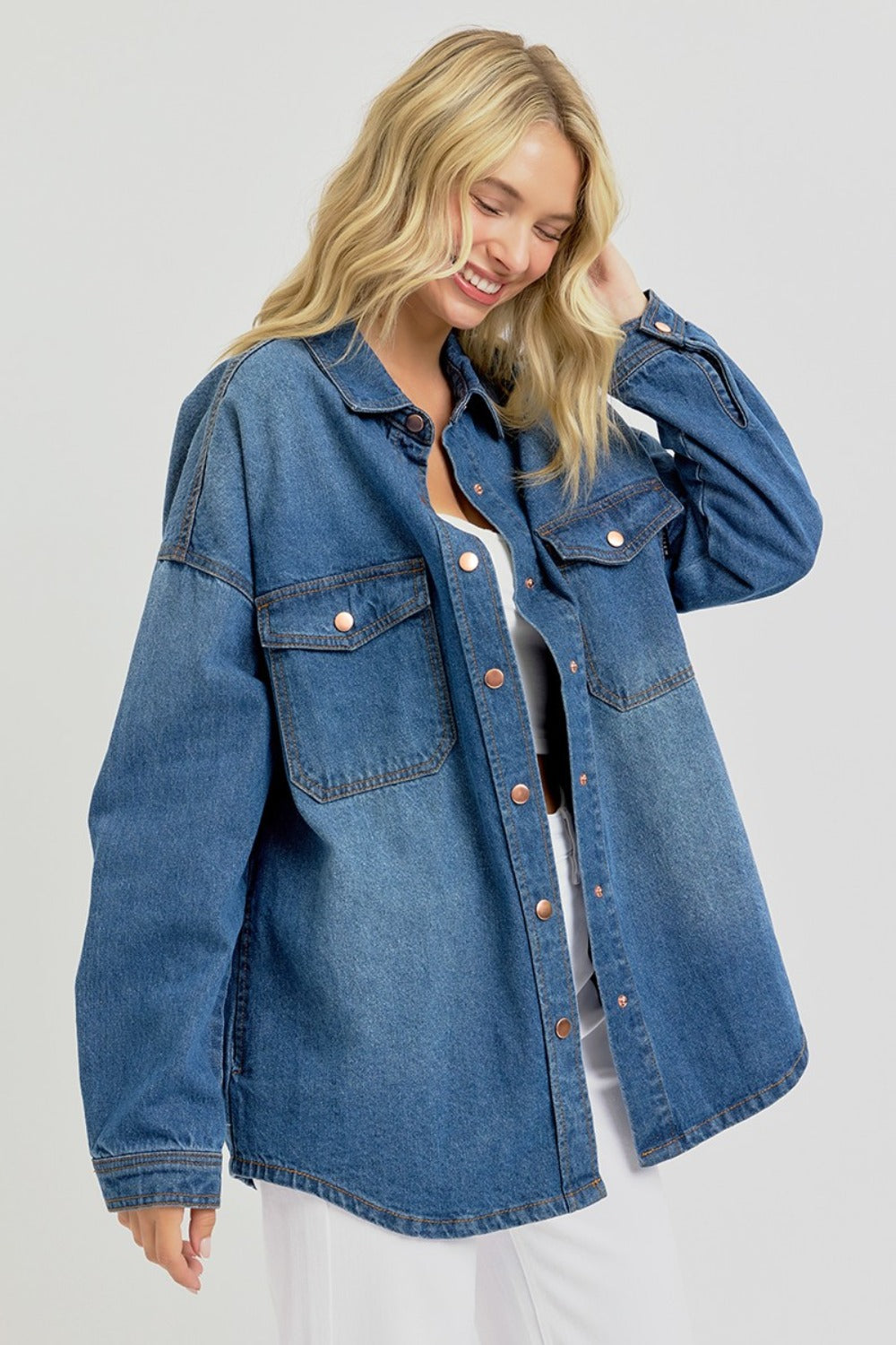 RISEN Full Size Snap Down Long Sleeve Denim Shacket 