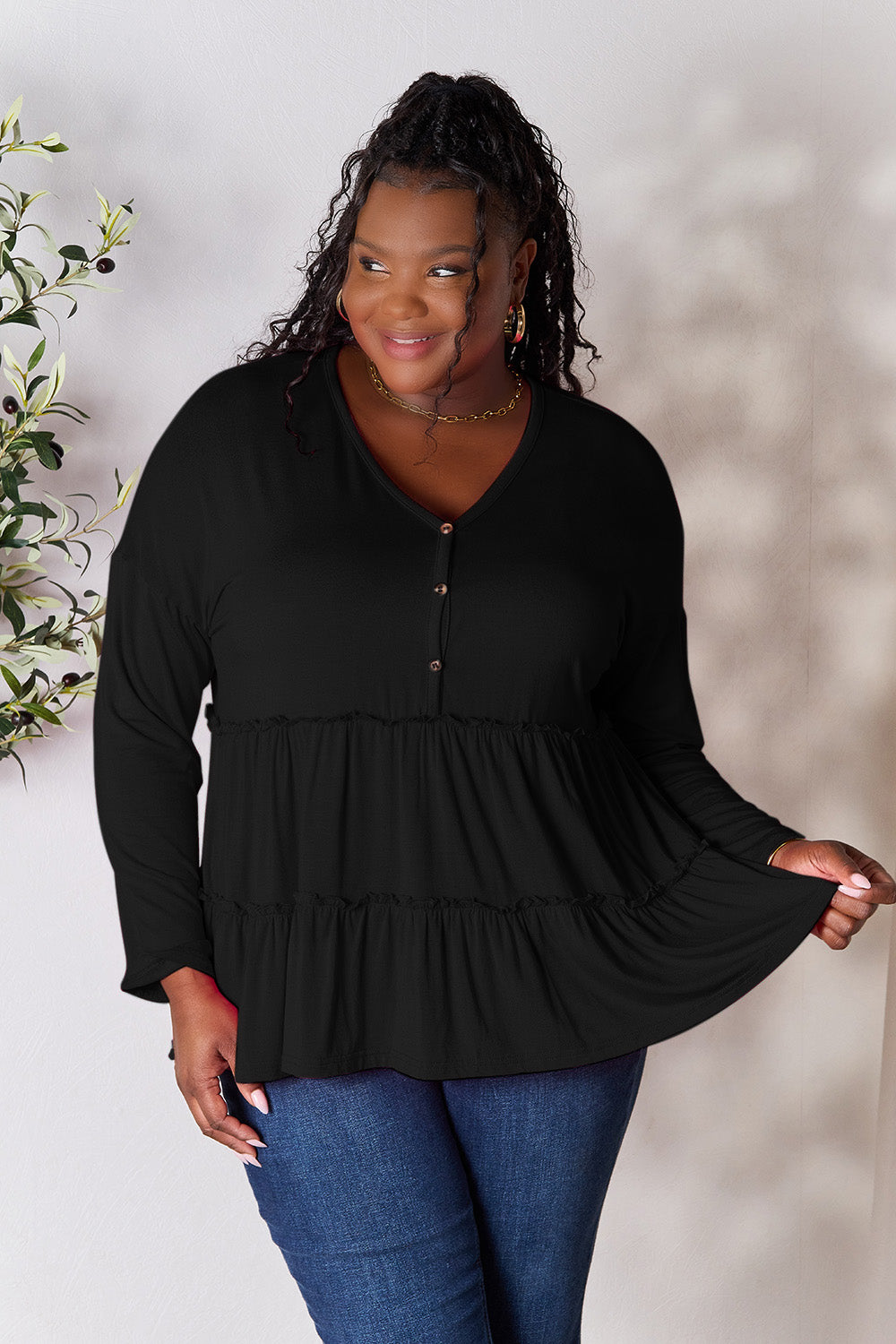 Double Take Half Button Long Sleeve Ruffle Hem Blouse 