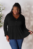 Double Take Half Button Long Sleeve Ruffle Hem Blouse 