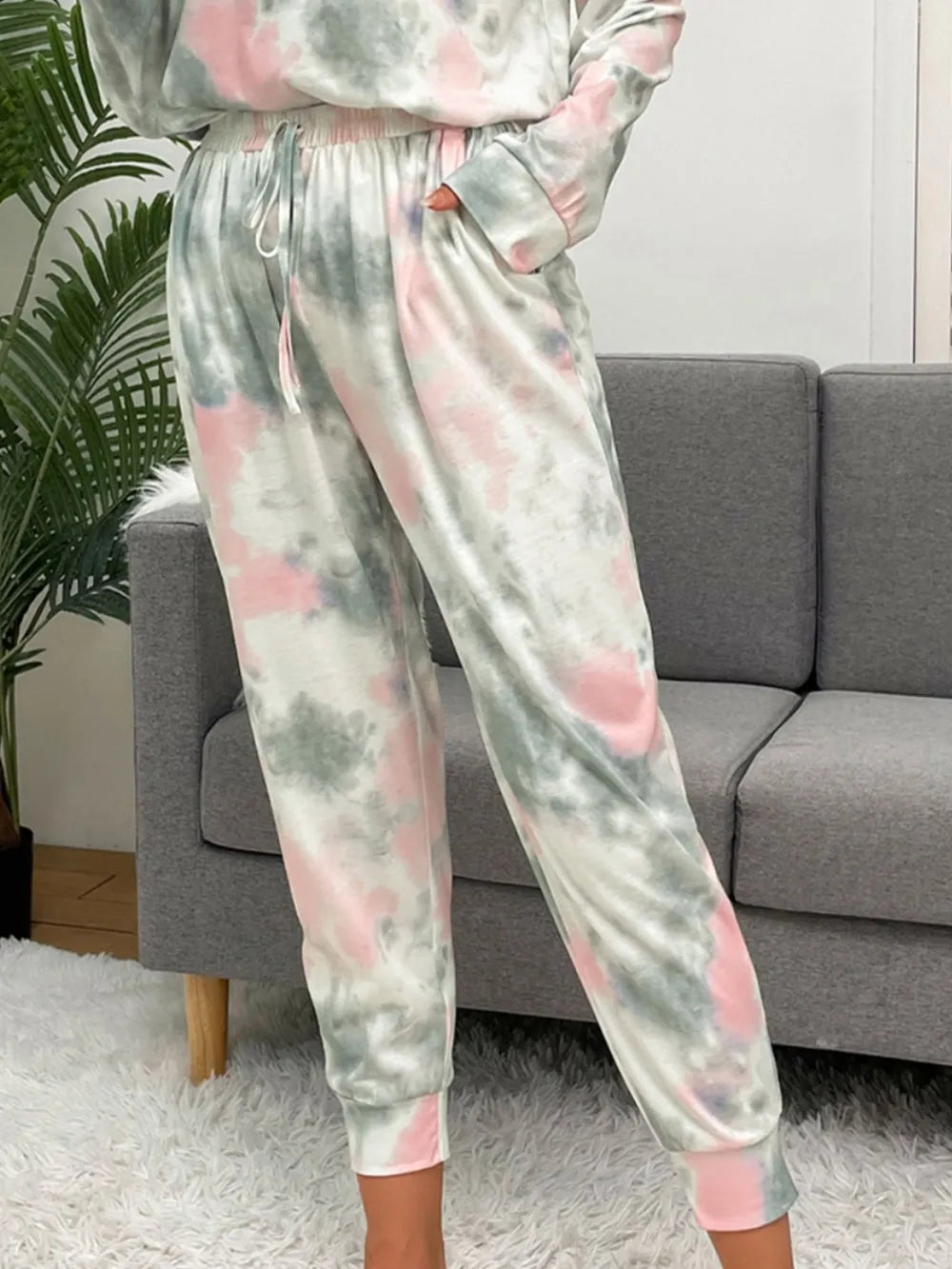 Shiny Tie-Dye Round Neck Top and Drawstring Pants Lounge Set Lingerie & Nightwear