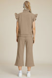 Double Take Full Size Texture Ruffle Short Sleeve Top and Wide Leg Pants Set 
