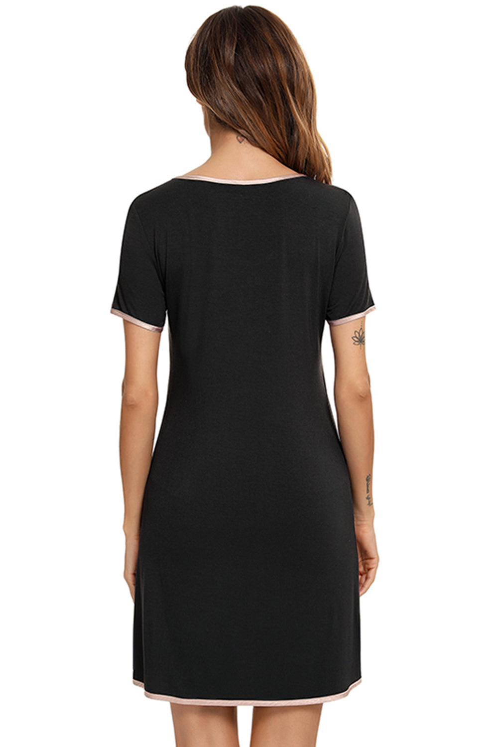 Contrast Trim Pocketed Round Neck Lounge Dress 