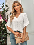 Swiss Dot Notched Neck Flare Sleeve Blouse 