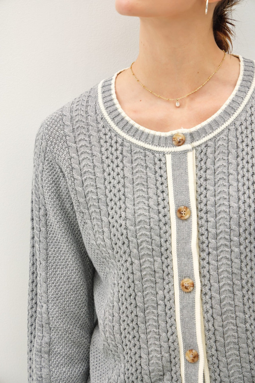 Be Cool Cable Knit Long Sleeve Contrast Edge Cardigan 