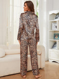Leopard Button Up Long Sleeve Top and Pants Lounge Set 