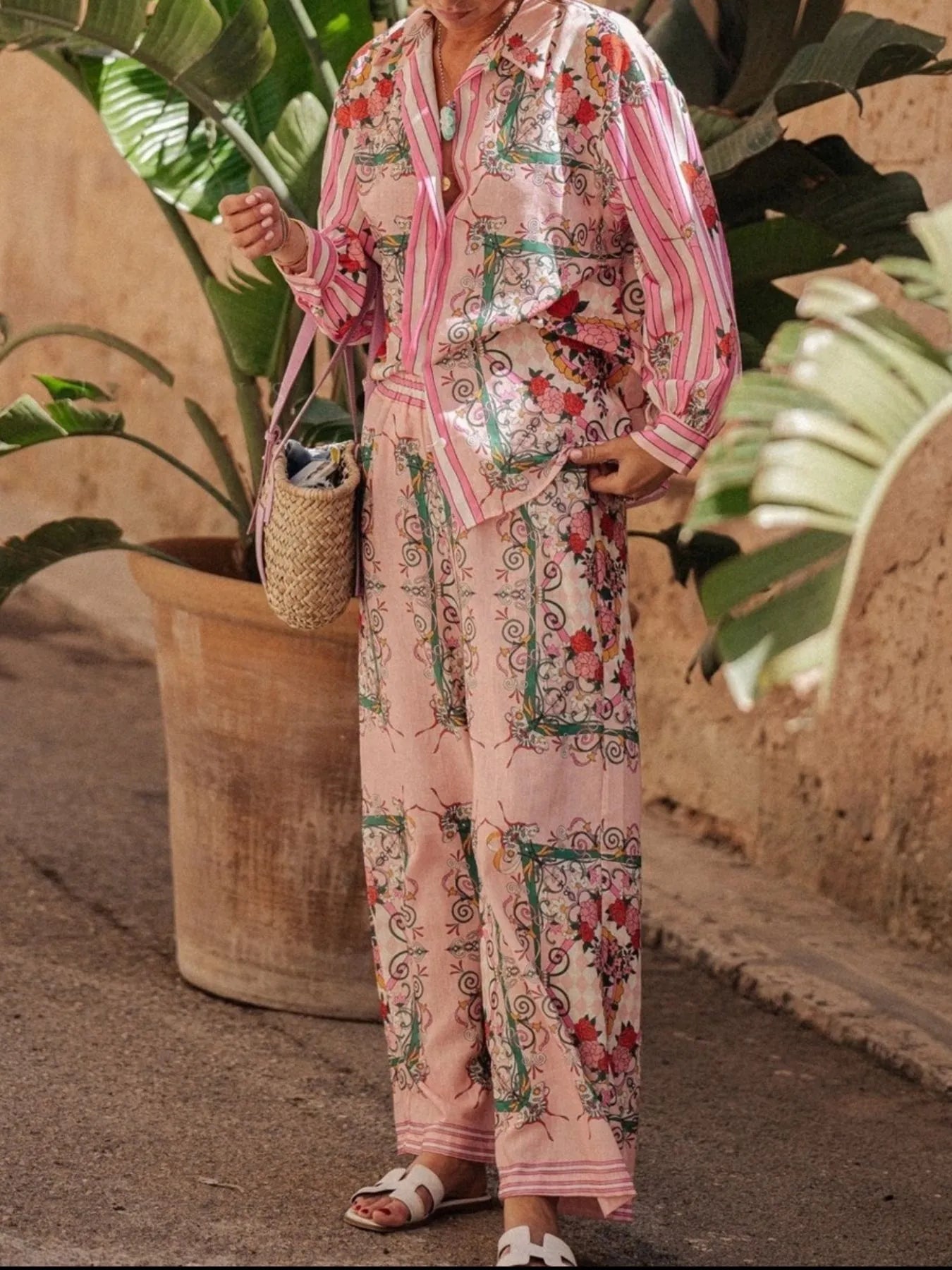 Printed Button Up Shirt and Pants Set Two Piece Dresses