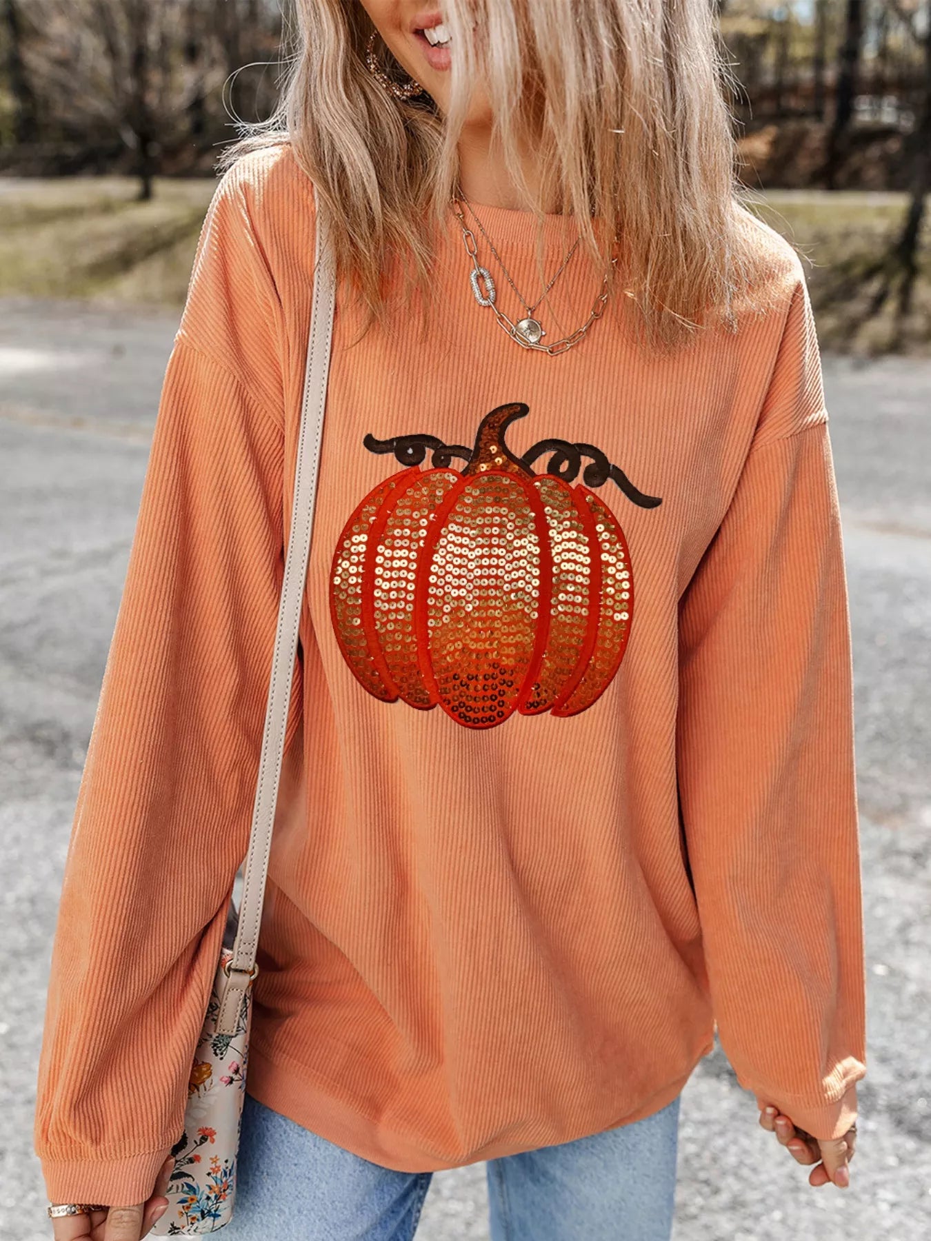 Halloween Sequined Pumpkin Ribbed Round Neck Sweatshirt 
