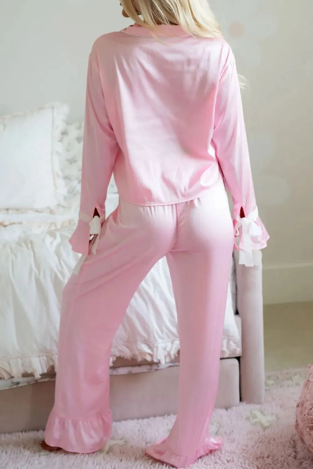 Collared Neck Long Sleeve Top and Pants Lounge Set Lingerie & Nightwear