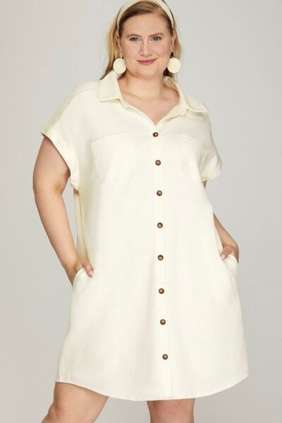 She + Sky Full Size Folded Cuff Button Down Washed Twill Shirt Dress Plus Size Dresses