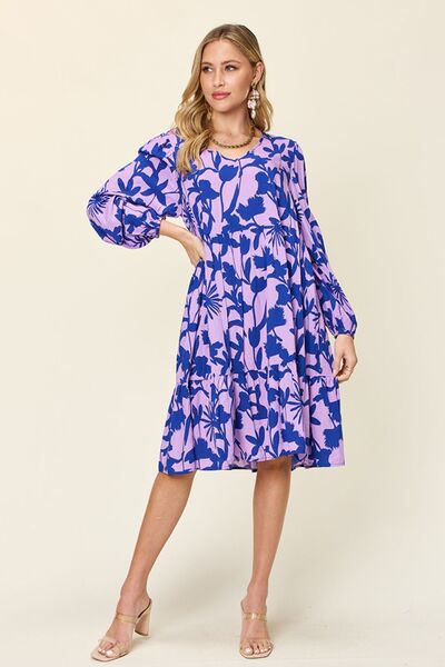 Double Take Full Size Printed Ruffle Hem Dress with Pocket 