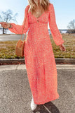 Printed V-Neck Long Sleeve Midi Dress Dresses