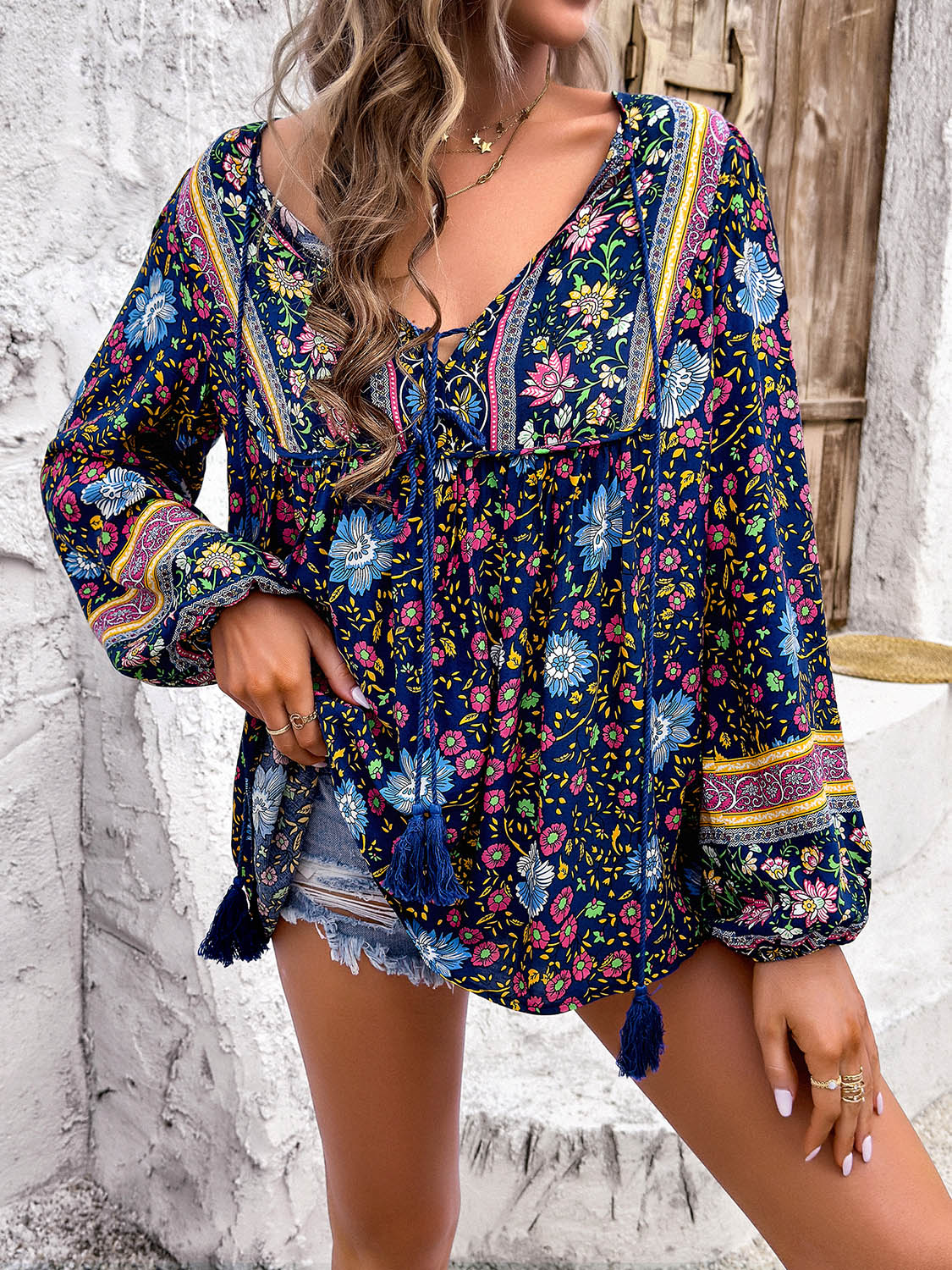 Devine Printed Tie Neck Long Sleeve Blouse 