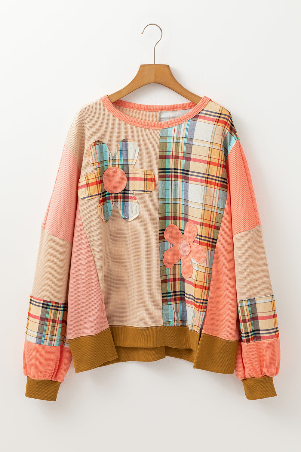 Multicolour Waffle Knit Plaid Patchwork Side Slits Loose Sweatshirt Tops/Sweatshirts & Hoodies