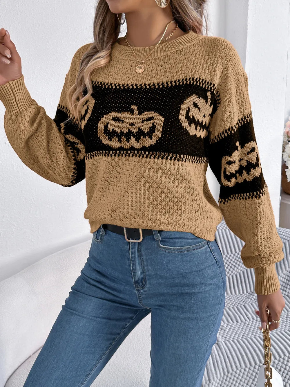 Pumpkin Round Neck Long Sleeve Sweater 