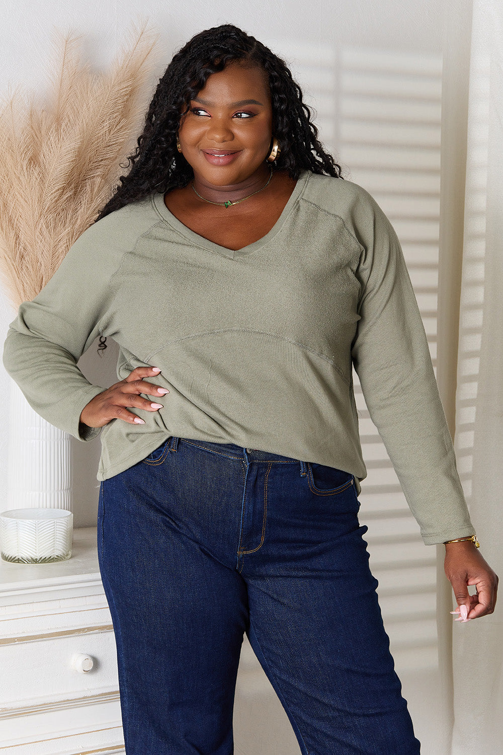 Culture Code  Full Size V-Neck Long Sleeve T-Shirt 