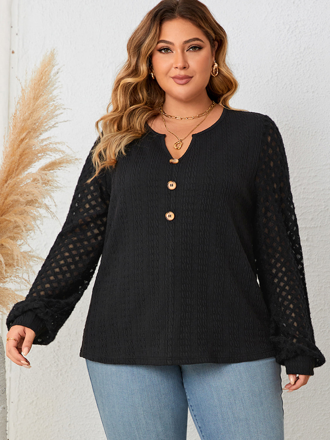 Honey Plus Size Openwork Notched Button Front Blouse 