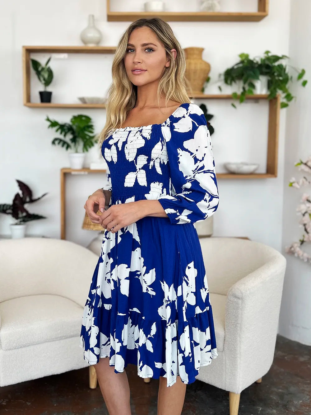 Double Take Full Size Floral Ruffle Hem Smocked Dress with Pockets 