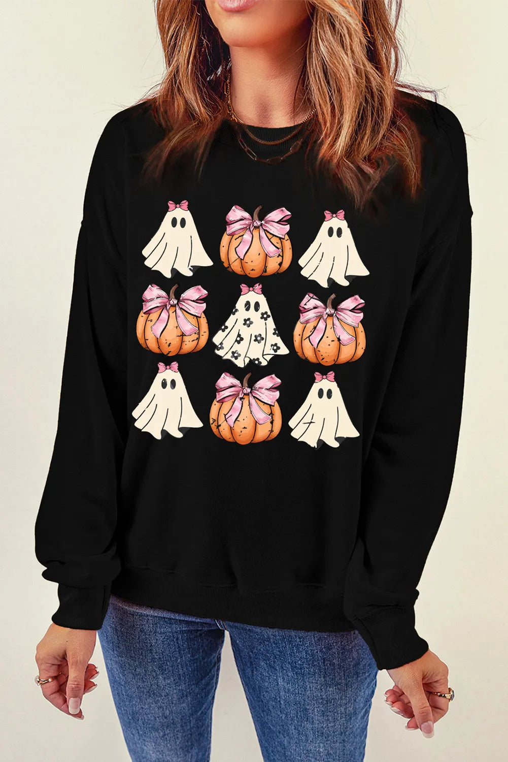 Pumpkin & Ghost Round Neck Long Sleeve Sweatshirt 
