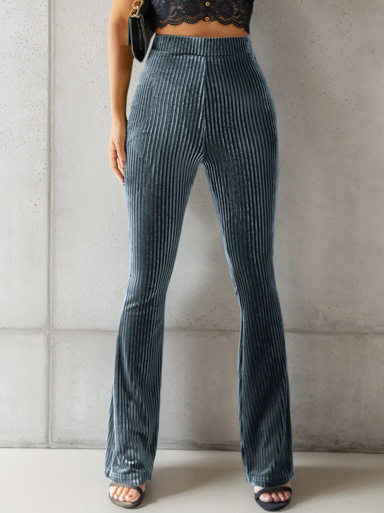High-Waisted Ribbed Velvet Flare Pants 