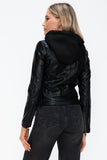 Snobbish Faux Leather Zip Up Drawstring Hooded Jacket 