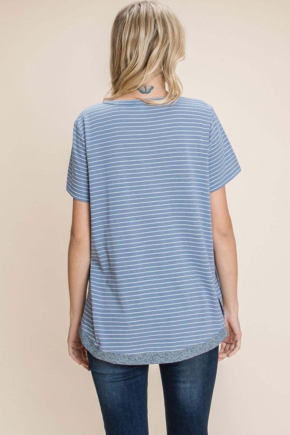Cotton Bleu by Nu Lab Slit Striped Notched Short Sleeve T-Shirt 