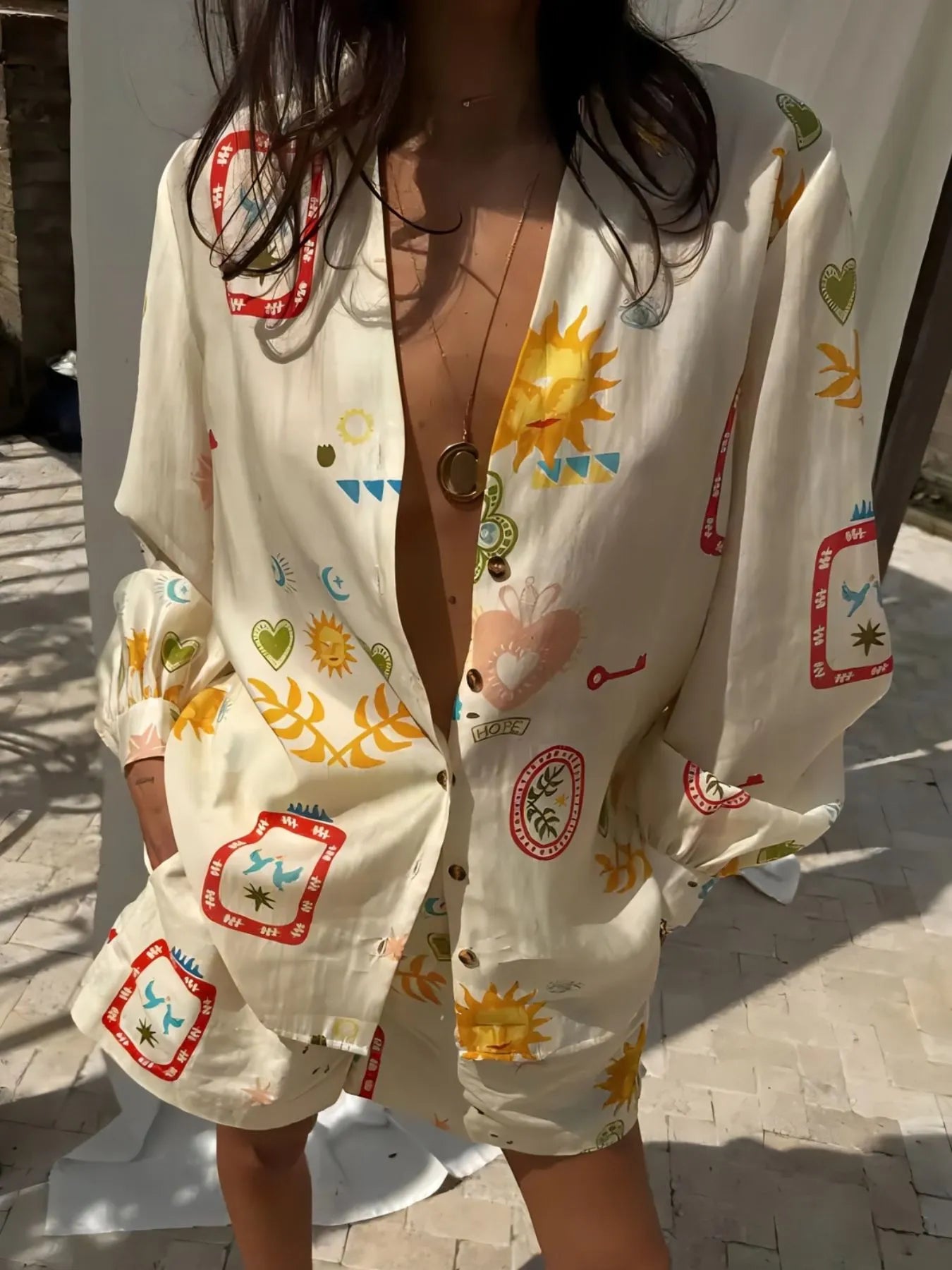 Printed Long Sleeve Shirt and Shorts Set Two Piece Dresses