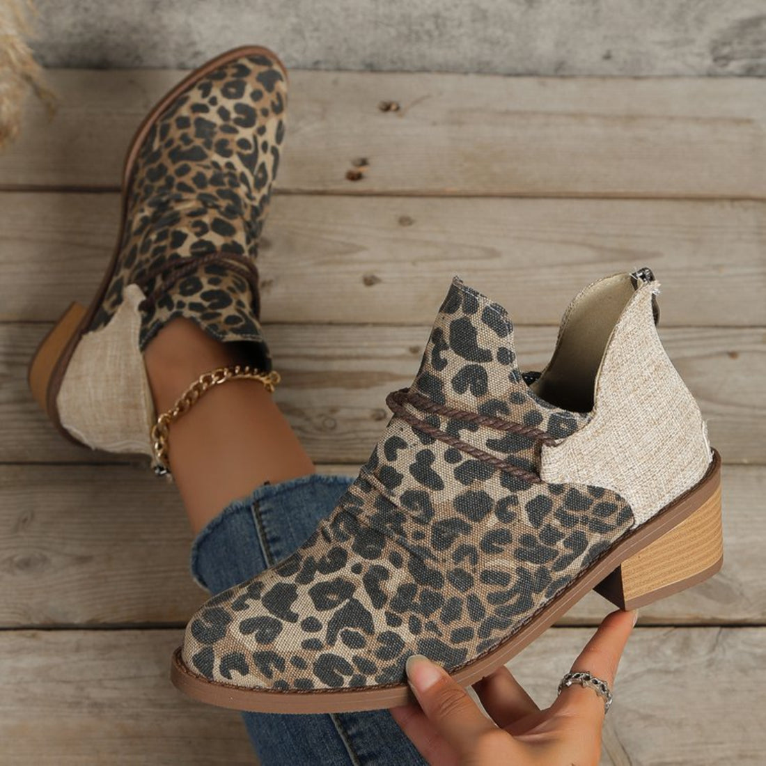 Contrast Canvas Low Heel Boots 