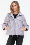 How Dare U Drawstring Hem PU Leather Zip Up Jacket 